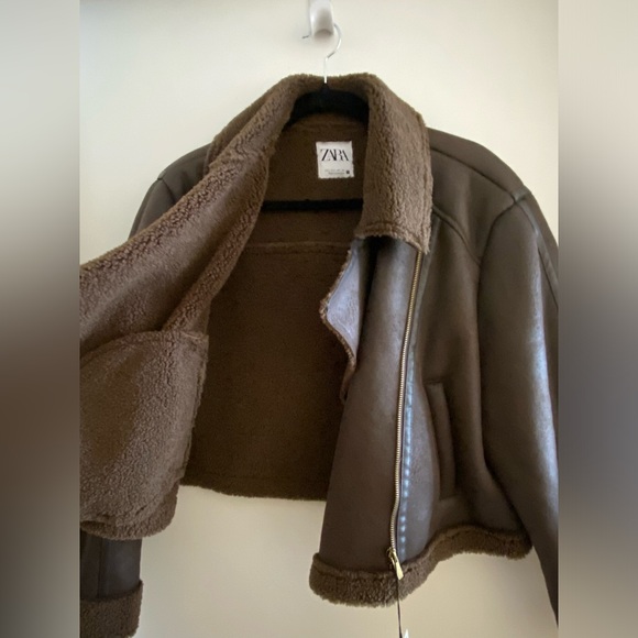 Faux shearling cropped biker jacket brown - Picture 3 of 6